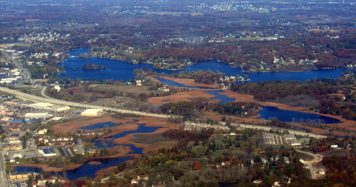 Aerial view of Woodland Lake, Brighton Township.